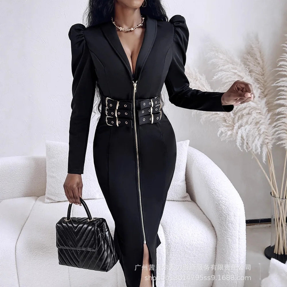 

Women Dresses Solid Dress Zipper Metal Buckle Deep V Neck Knee Length Long Sleeve Slight Strech Slim Fit Office Lady 2025 Summer