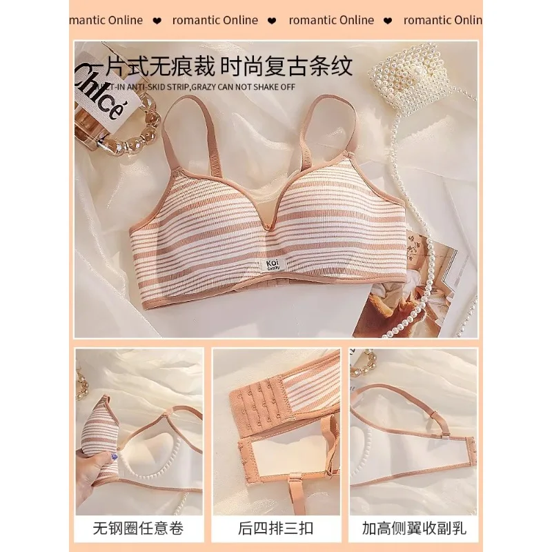 Niedlicher, süßer, gestreifter Push-Up-BH und Mädchen, kleine Brust, dicke Polsterung, Mastektomie-Cup, bequemes, kabelloses, sexy Dessous-Set, versandkostenfrei