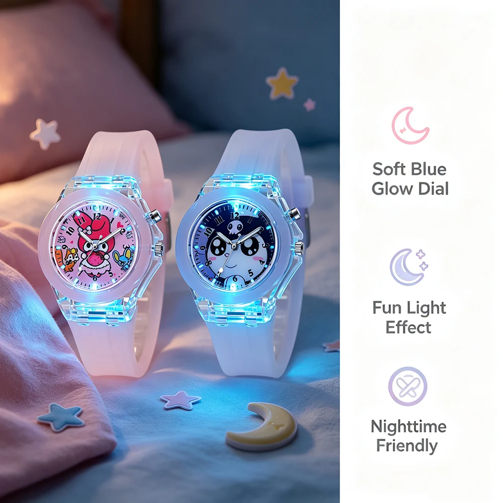 Cute Cartoon Pink Melody Style Kids Watches with Light-Up Silicone Strap Purple Black Kuromi Girls Watch Child Quartz Clock Gift