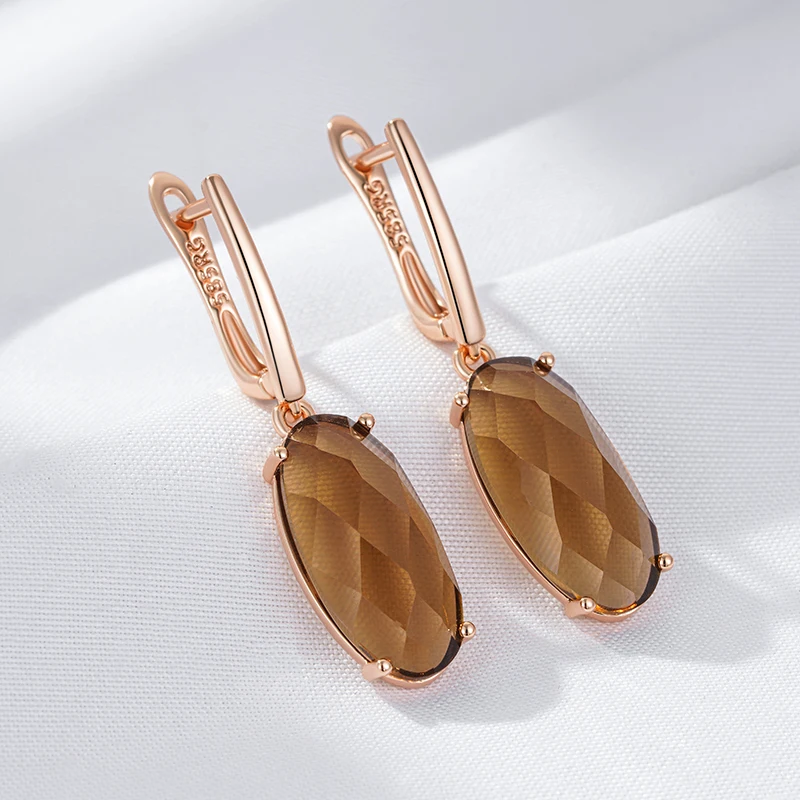 Kinel Fashion Big Oval Light Brown Natural Zircon English Earrings Women Simple 585 Rose Gold Color High Quality Daily Jewelry
