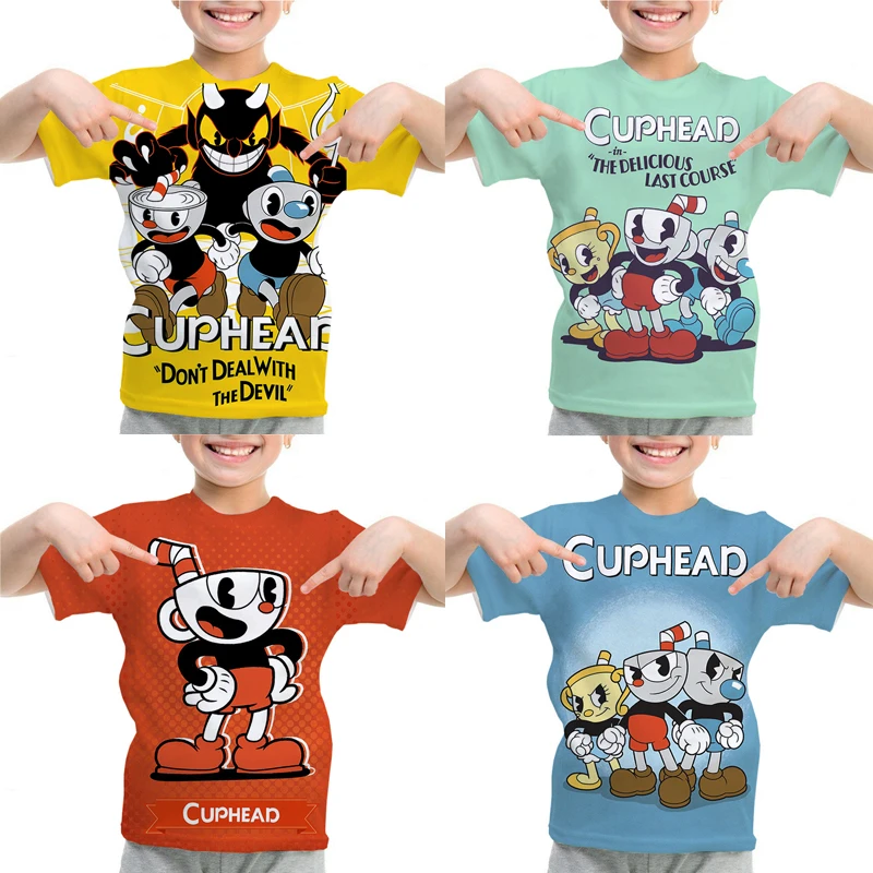 Cartoon Cuphead Mugman Print T-shirts Summer Short Sleeve Tee Tops Children Clothing Kids Anime T Shirt Harajuku Boy Girl Tshirt