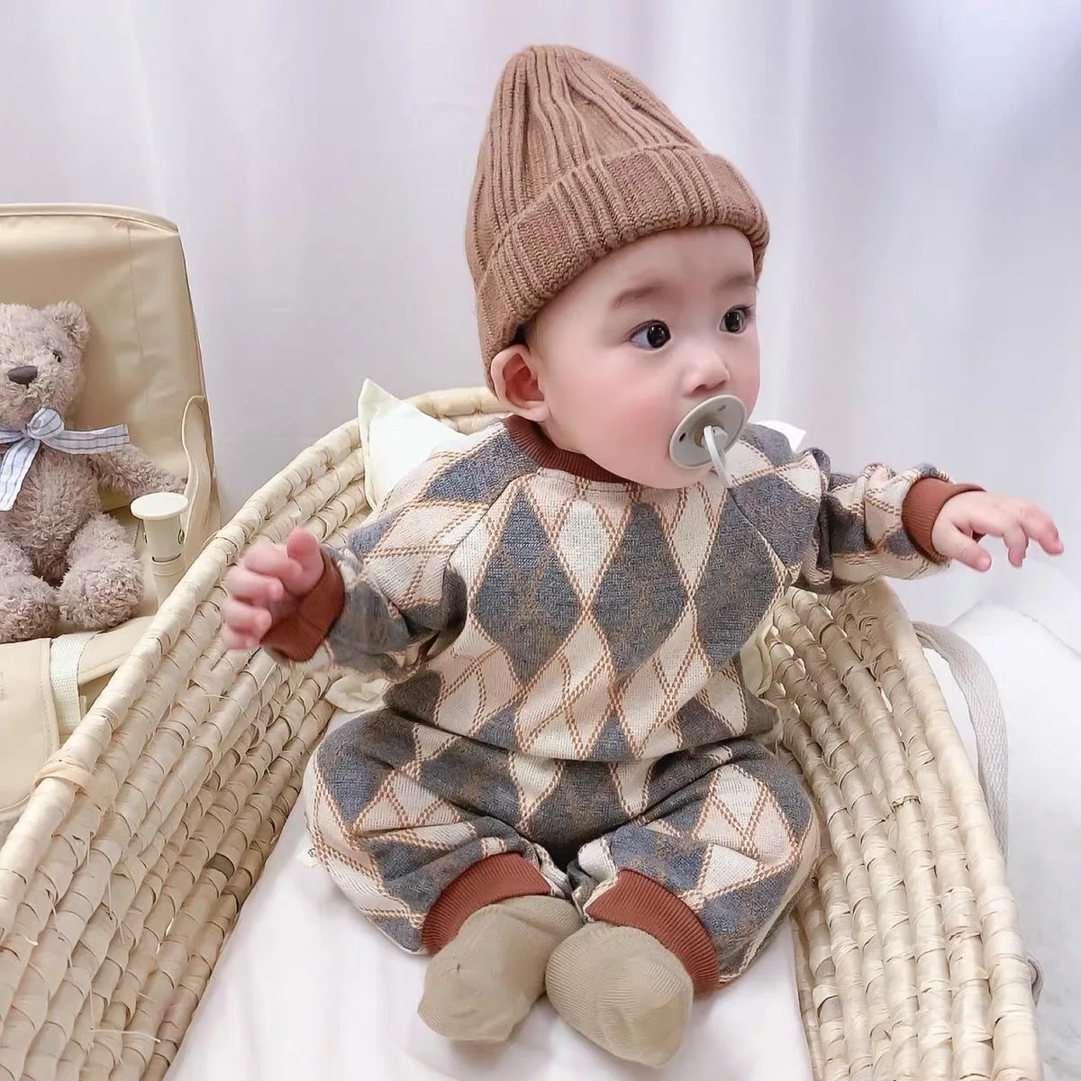 Korean style autumn baby sweater jumpsuit diamond cotton long sleeve knit jumpsuits for toddler kids soft comfortable overalls