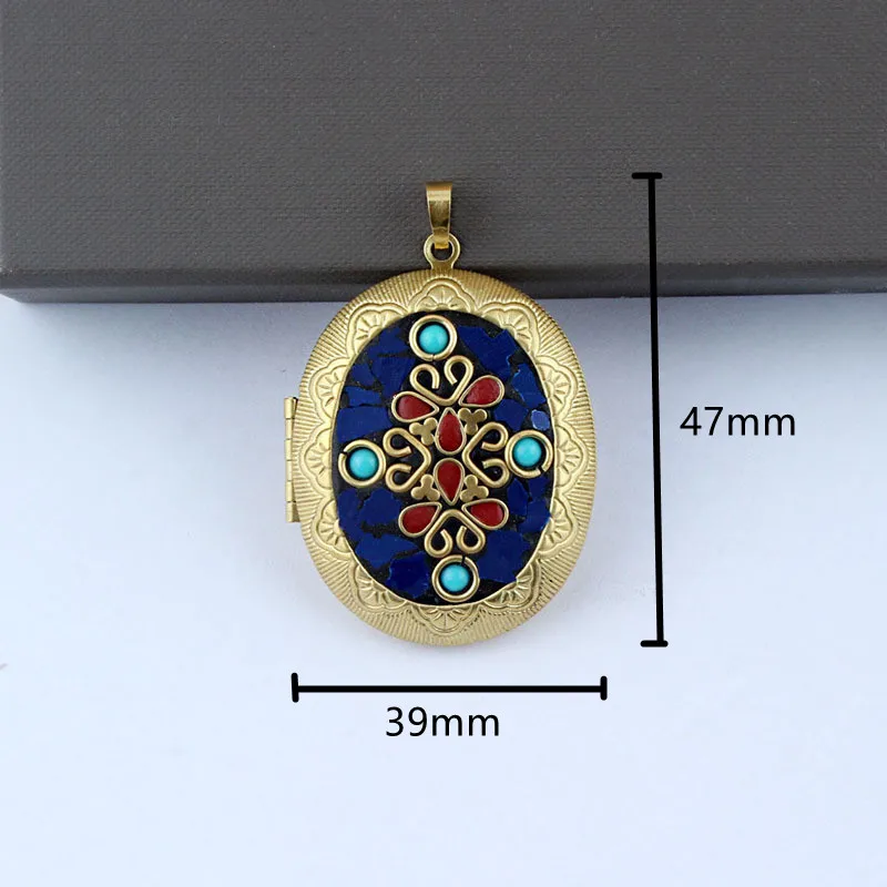 Brass Locket Pendant Photo box pendant Nepalese Ethnic Style Handmade Inlay Pendant Exquisite Oval Pendant Necklace Accessories