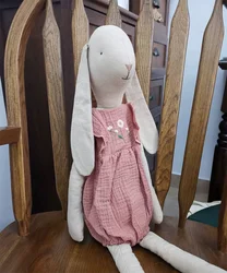 Large Lop Rabbit Cotton Toy with Removable Bib Overalls Cuddly Baby Dolls for Sleep Handmade Linen Fabric Bunny Doll For Girls