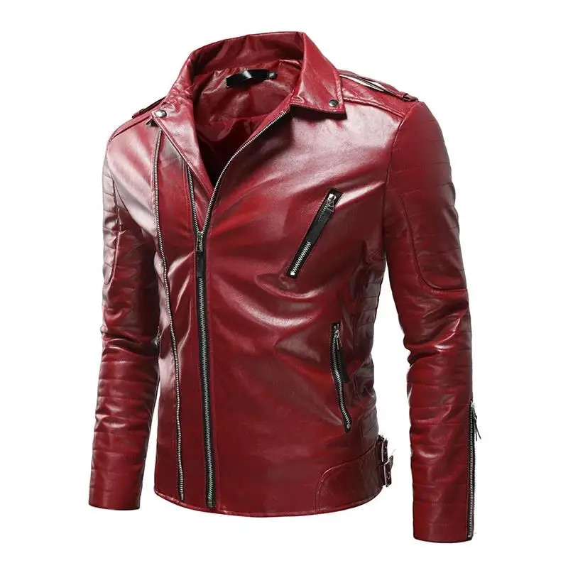 High Quality PU Leather Jacket Men's Large Size Pocket Black Zipper Lapel Slim Fit Men' Motorcycle Leather Jacket Men's Clothing