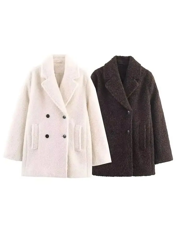 

HH Woman Winter Long Sleeves Lapel Double Breasted Pocket Decoration Pearl Velvet Overcoat Female Casual Loose Street Style Coat