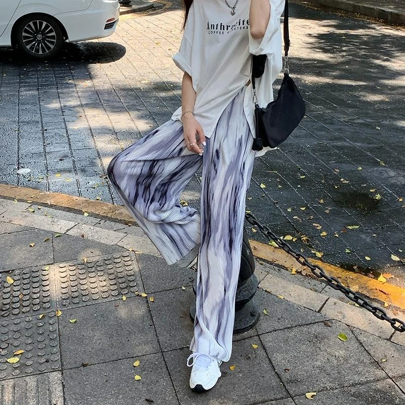 Trendy Tie Dye Wide Leg Pants for Women Paper Bag Waist High Waist Casual Trousers Long Length - view 4