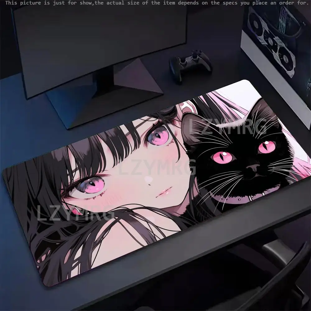 

Большой розовый коврик для мыши в стиле аниме для девочек, черный коврик для стола с котом, украшение стола, геймер и офис, мини-ПК, ноутбук, игровые аксессуары, коврик для мыши