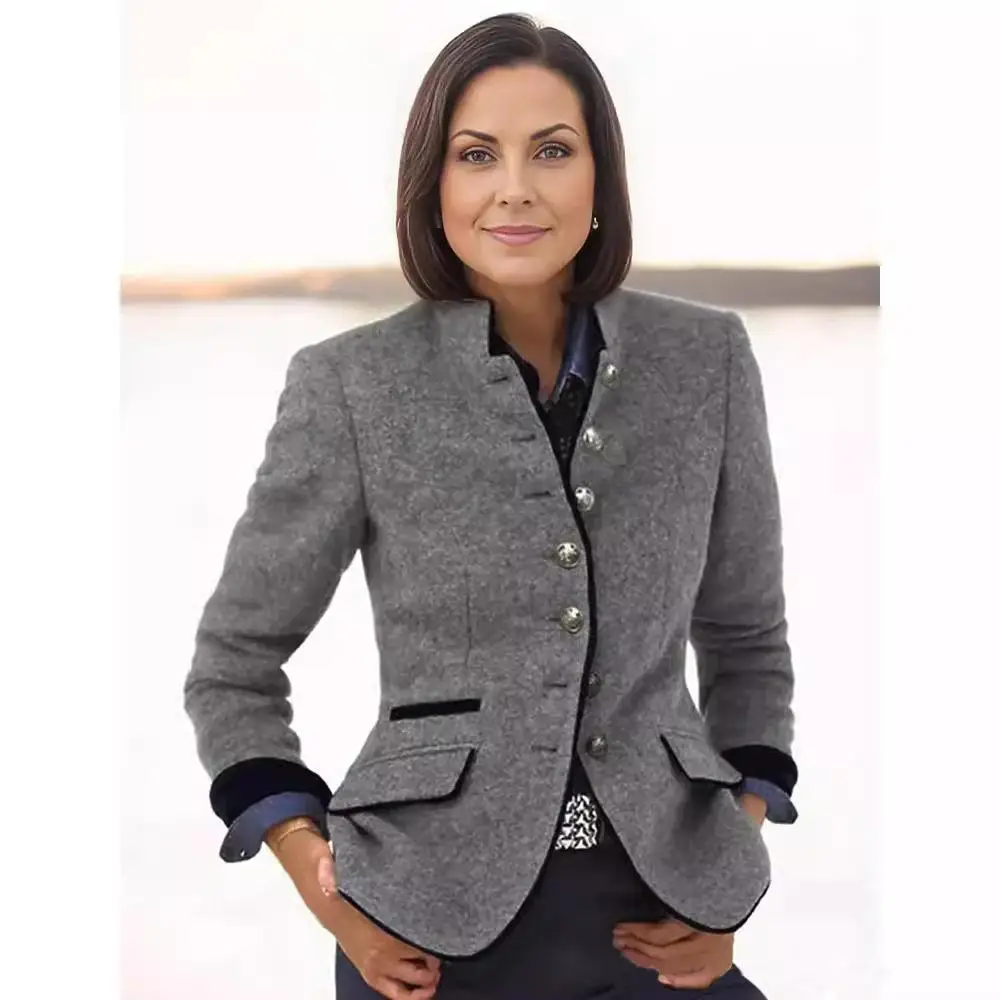 

Casual Plaid Woolen Coat for Women Spring New Sle Multi-Button Loose Fit Long Sve Stand Collar Ultra-ort Length Polyes...