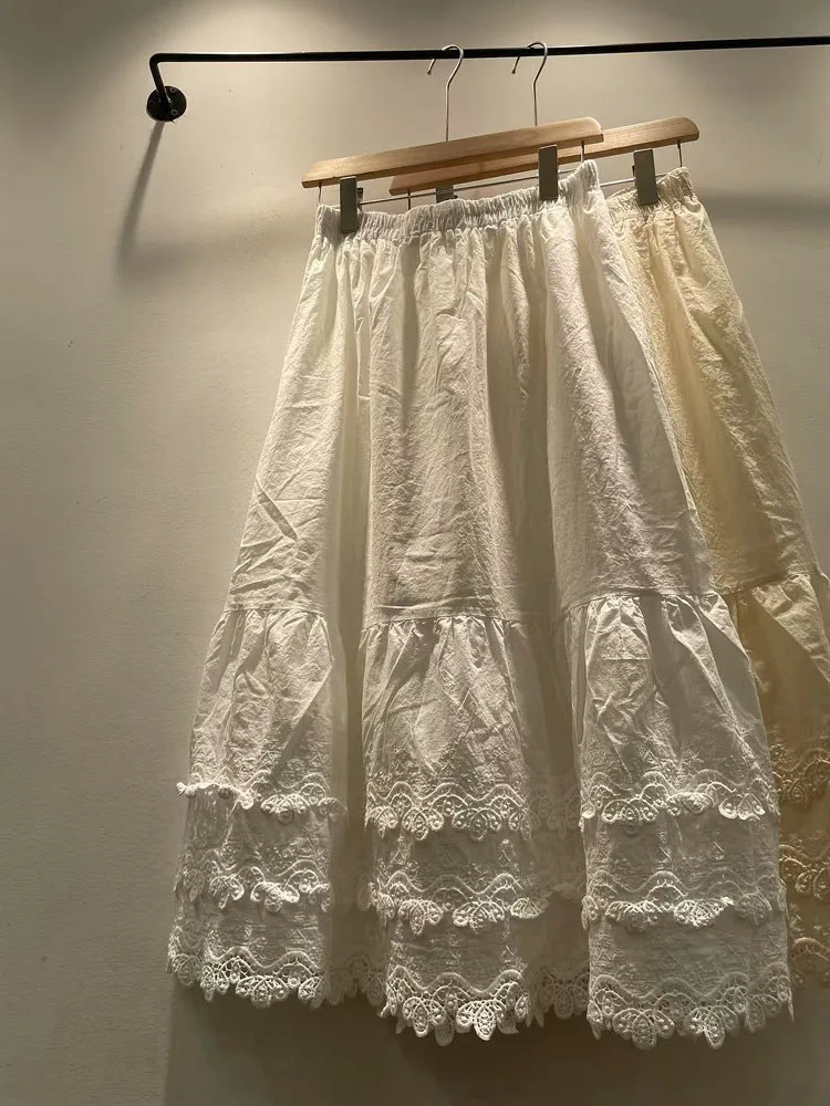 

Spring Summer New Sle Women's Cotton Embroidered Elastic Waist Midi Skirt A-Line Simple Commute High Waist Inner