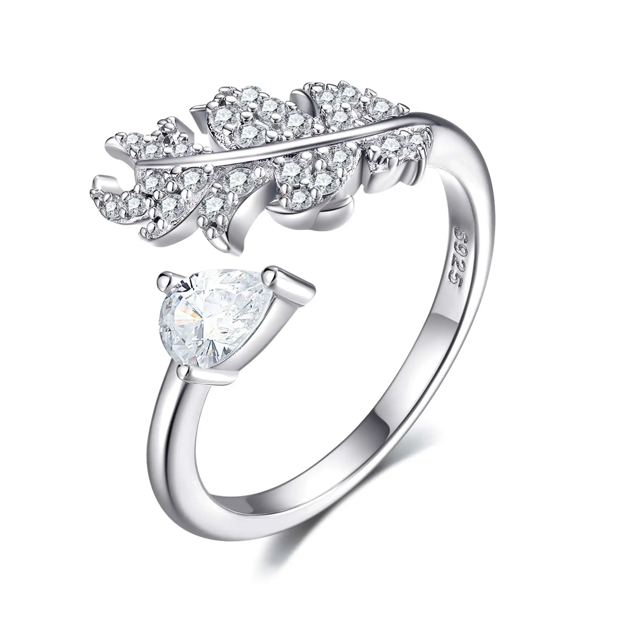 

Fashion Adjustable Feather Opening Adjustment Ring Simple Elegant Rhinestone Silver Color Open Finger Rings