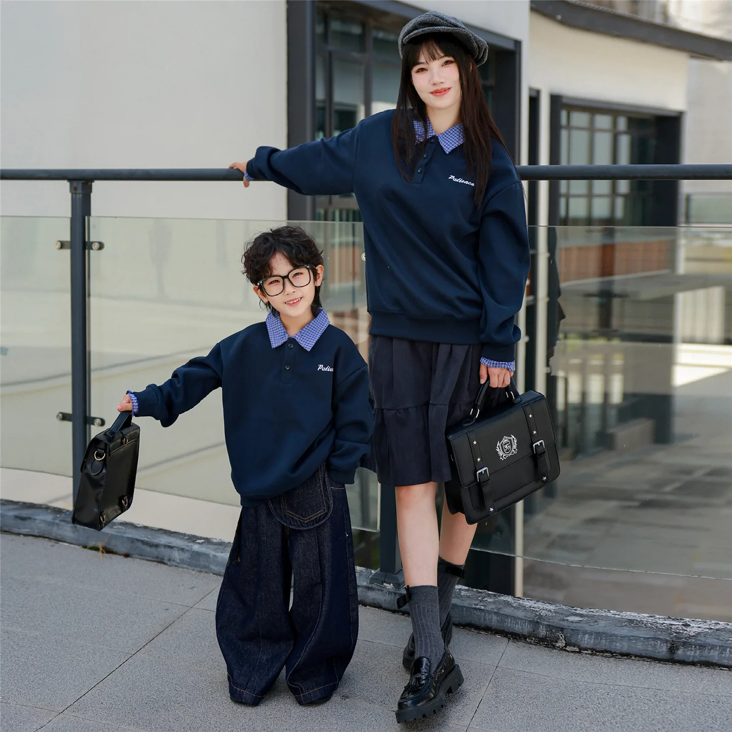 

Family Matching Plaid Patchwork Shirt Collar Sweatshirts Mother Son Pullover Fake Two-Piece Couple Outfits Father Daughter Tops