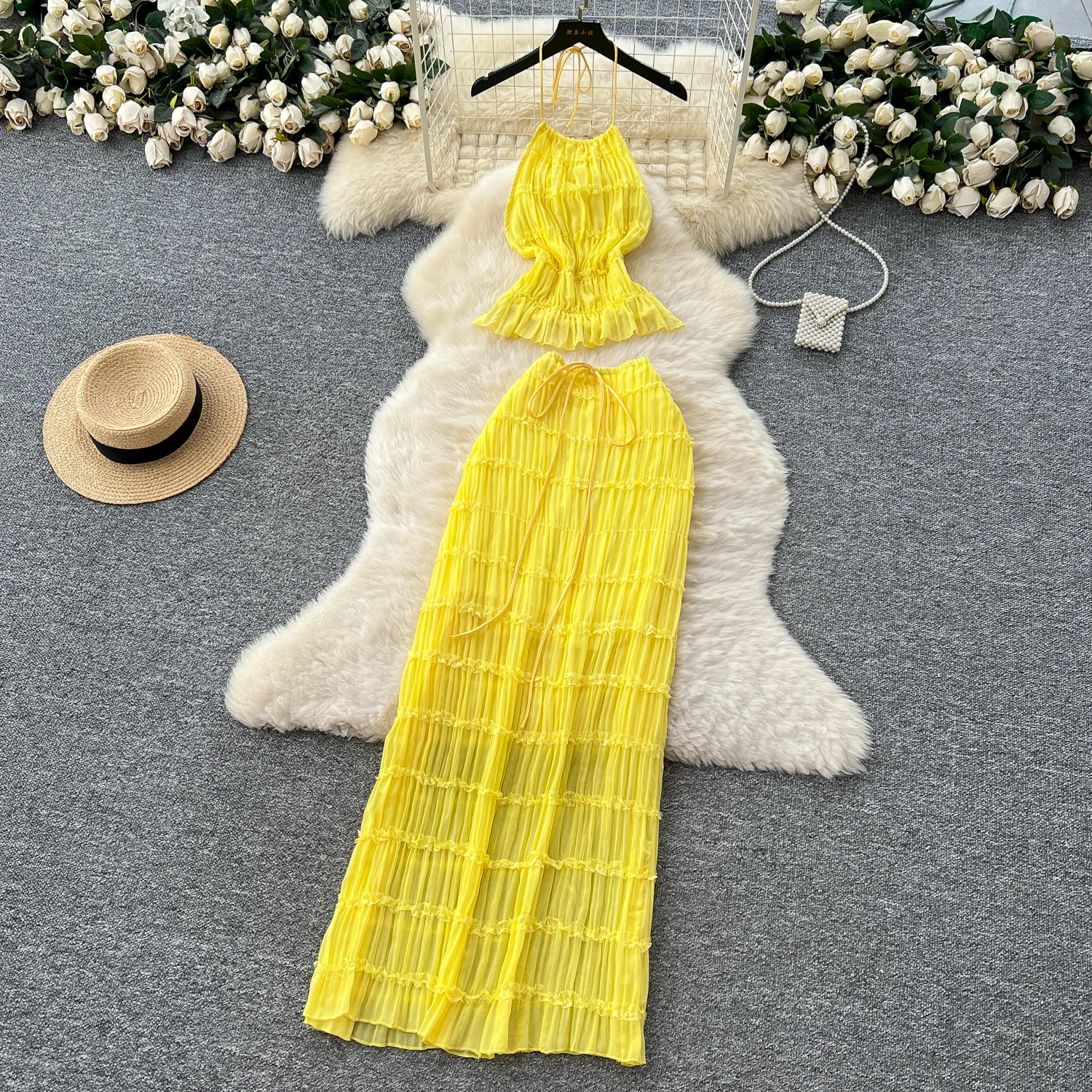 

Retro slim Draw String mesh backless halter Elegant Vacation dress Women Korean Fashion Summer Vestidos dresses