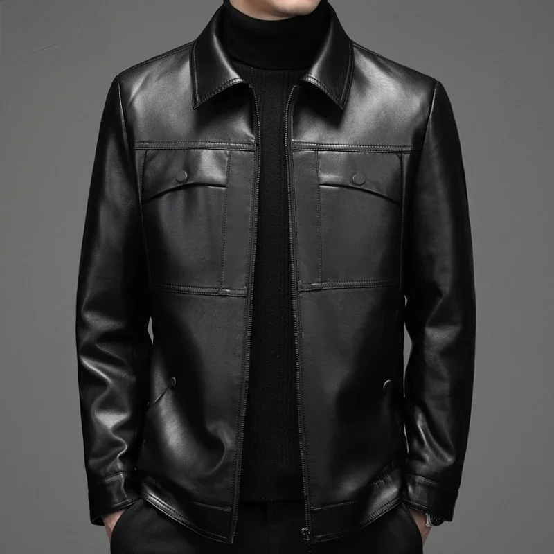 Men's Genuine Leather Jackets Autumn Winter Leisure Loose Lapel Motorcycle Leather Jacket for Men Plus Coats Chaqueta Hombre Cjk