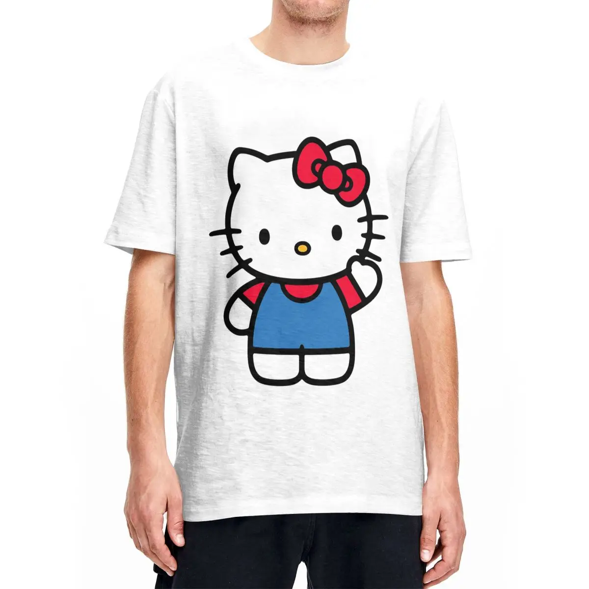 男性と女性のためのハローキティの漫画Tシャツ,綿100%,楽しい服,半袖,クルーネック,夏