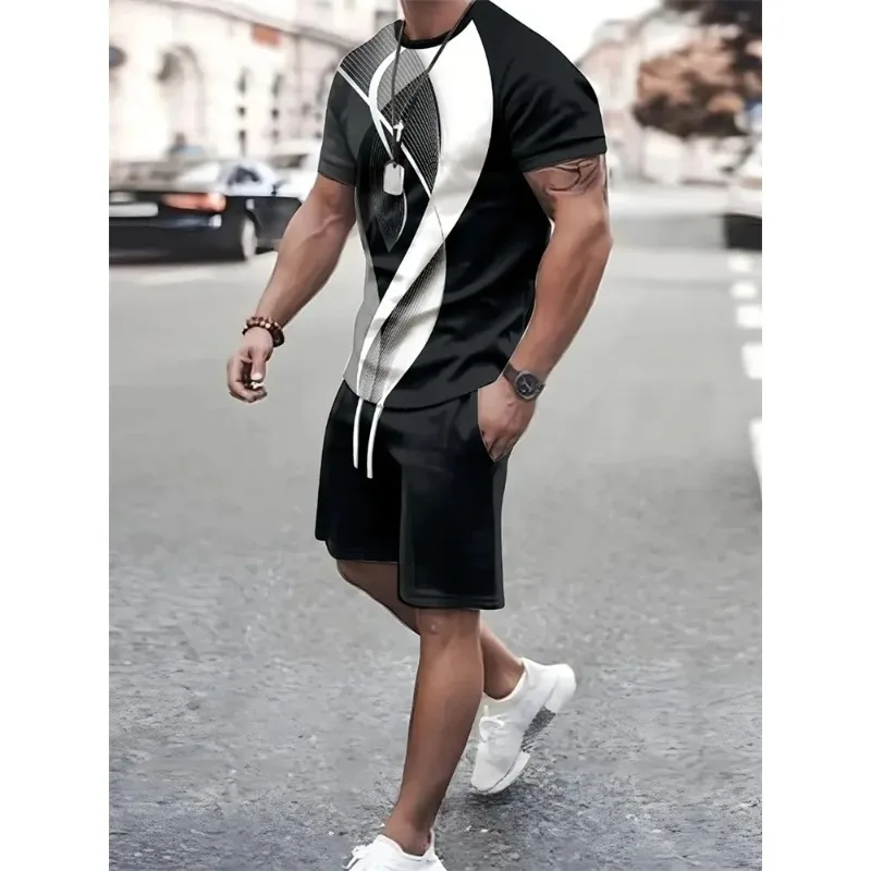 2025 New 3D Textured Men's Flat Size Clothing Printed Suits Short Sleeves and Shorts Casual Summer Sportswear