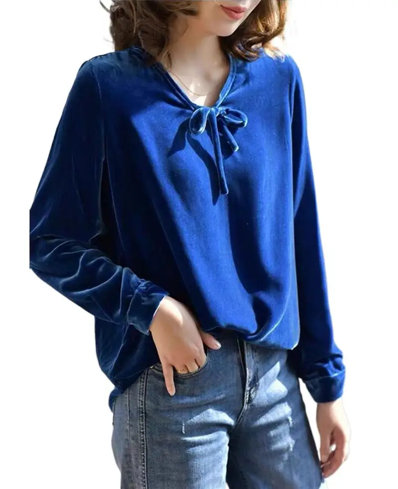 2024 Spring Loose Casual Solid Color Women Long Sleeve lace up velvet Blouses Autunm Tops Wholeslae Womens Velour Shirt 