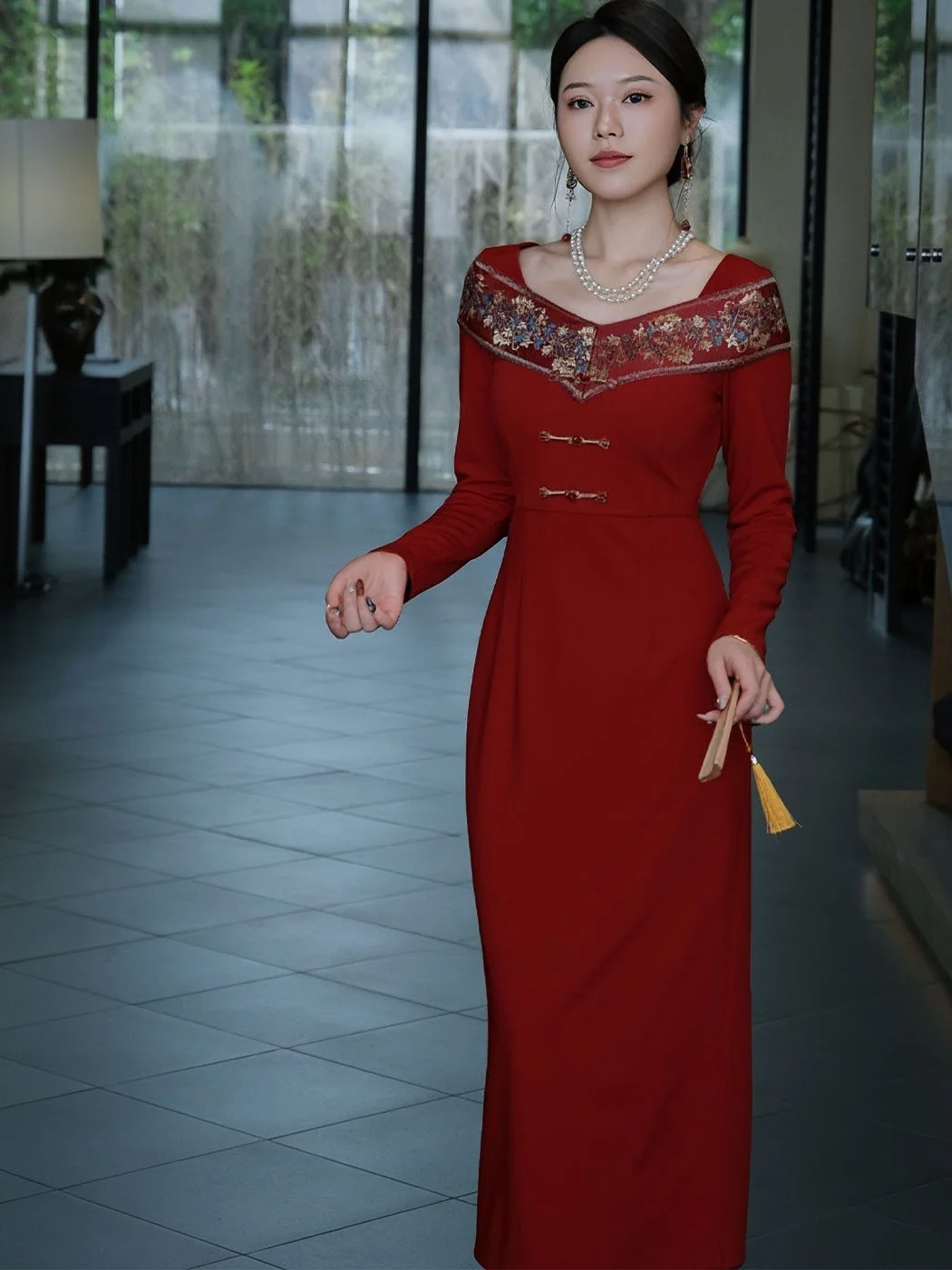 

Красное облегающее длинное платье Rose Deer для женщин, винтажное, с завышенной талией, А-силуэт, из полиэстера и спандекса, для свадебных торжеств