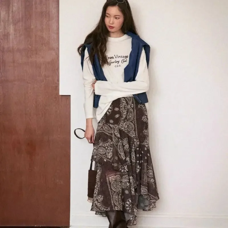 New Fashion Summer Chiffon Skirt Women Vintage Floral Print Casual High Waist Midi Skirts Thin Beach Runway Holidays Jupe