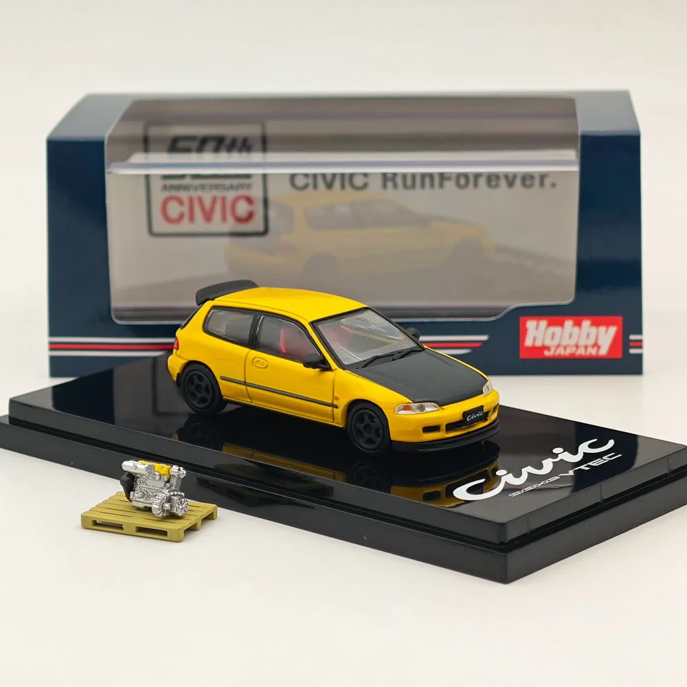 Hobby Japón 1/64 CIVIC (EG6) estilo JDM versión personalizada con modelo de pantalla de motor amarillo HJ 642017 AY Colección de coches fundidos a presión