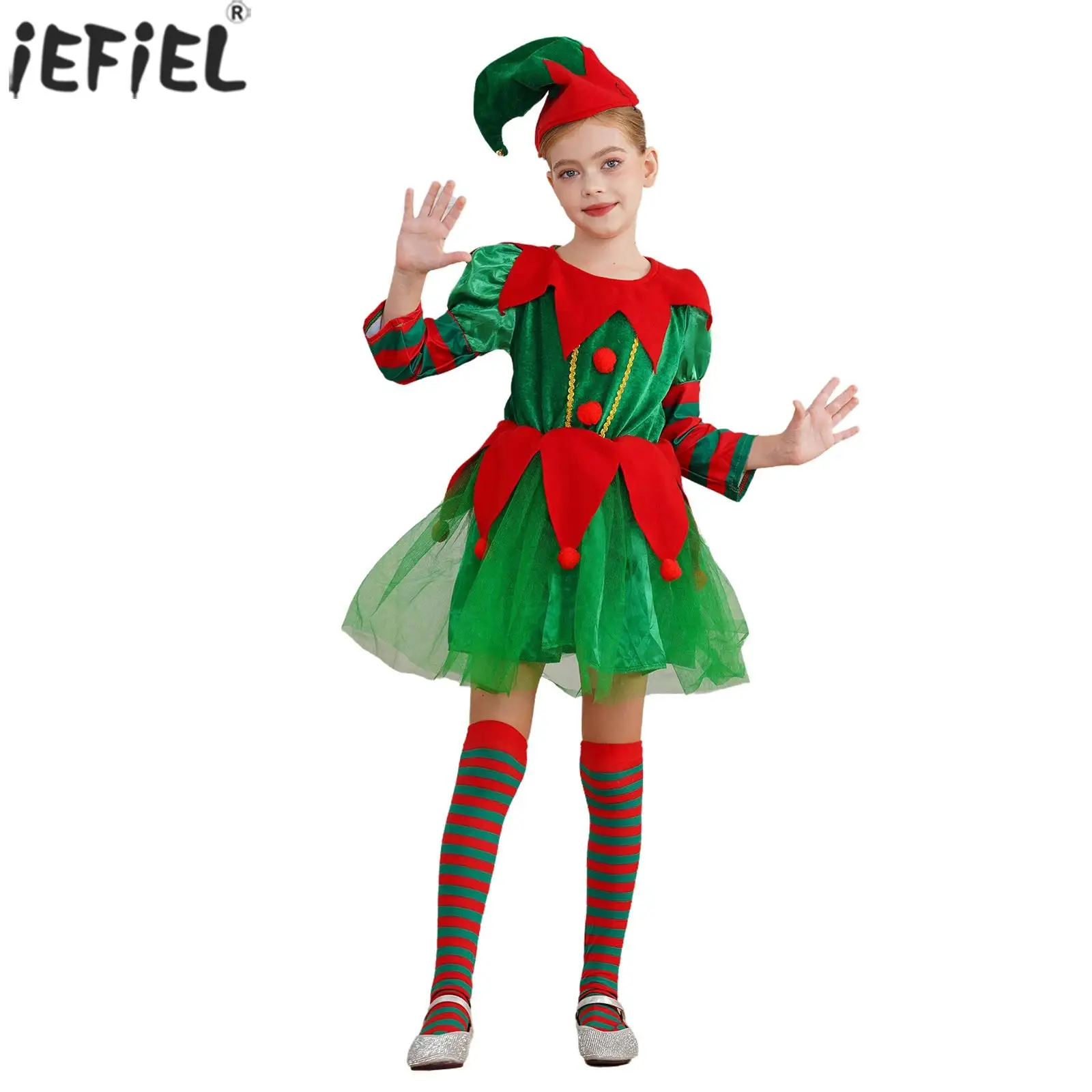 Girls Christmas Theme Party Elf Cosplay Costume Long Sleeve Mesh Dress with Elf Hat Stripes Stockings for Xmas New Year Festival