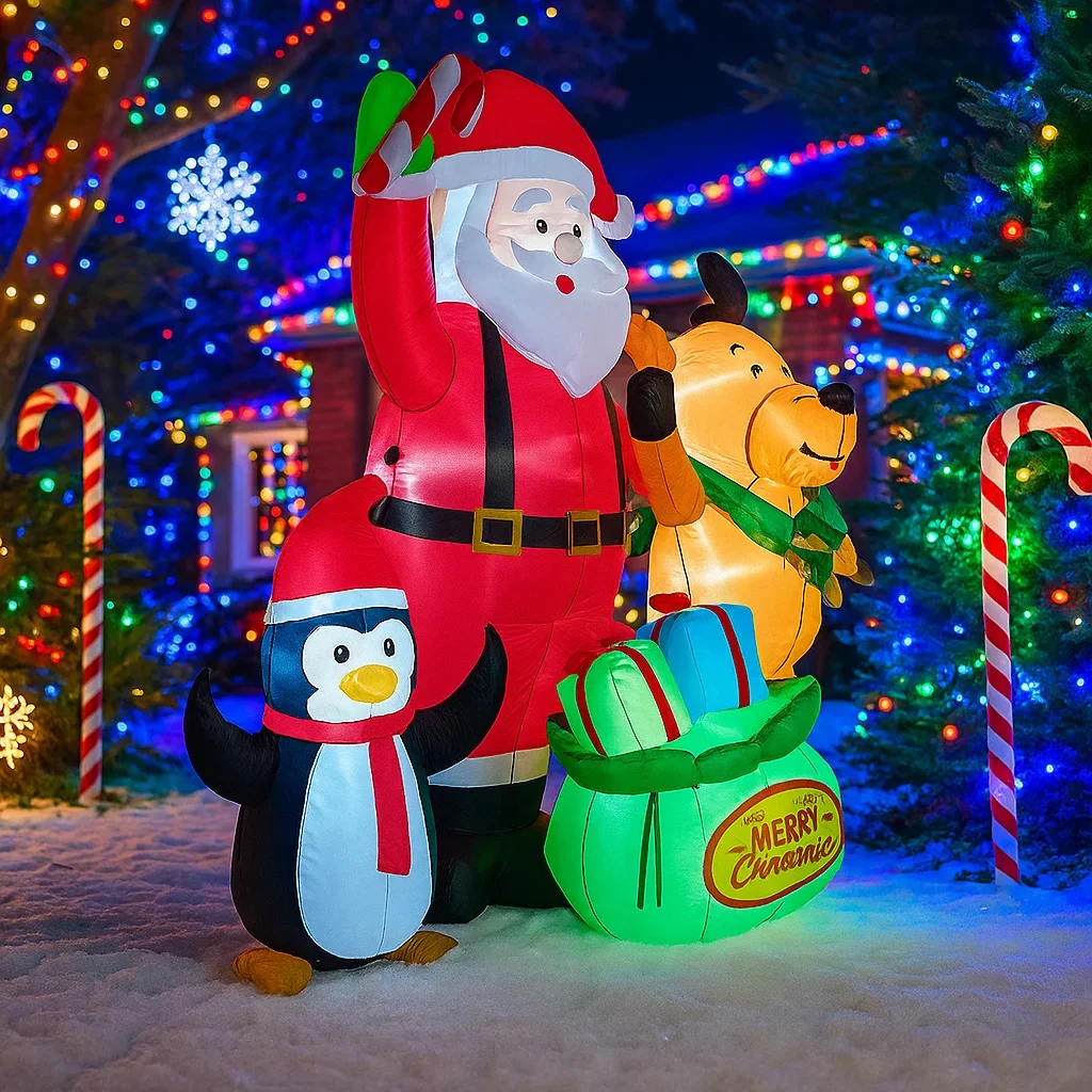 2.1M/6.8FT Inflatable Santa Reindeer Penguin with Gift Bag  Lights LED Home Decorations Toys Yard Xmas Holiday Decor Supplies