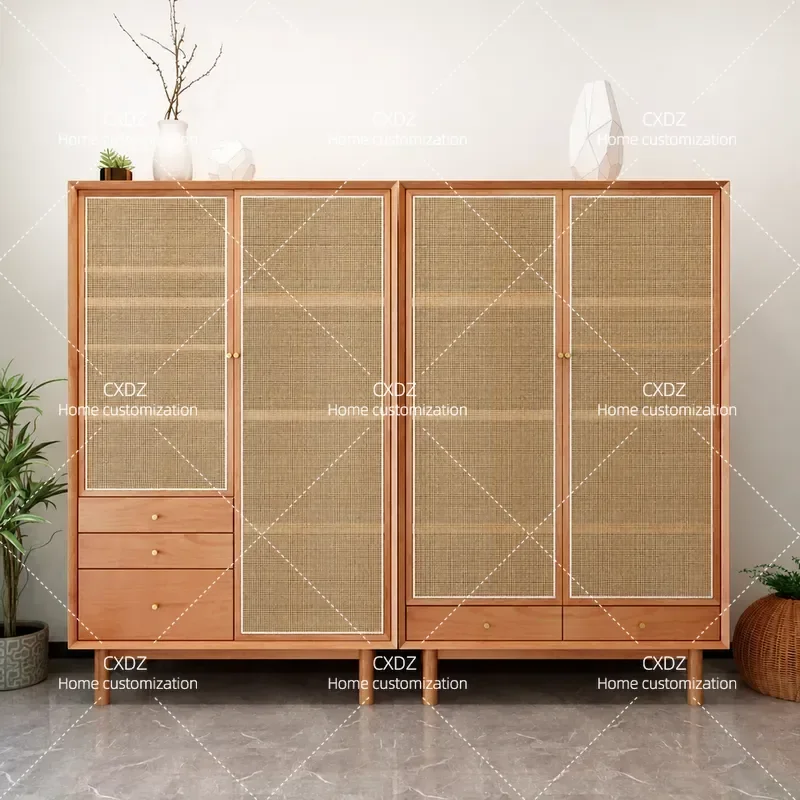 Nordic Solid Wood Rattan Wardrobe Double Door Bedroom Storage Cabinet Creative Home Furniture Organizer Closet