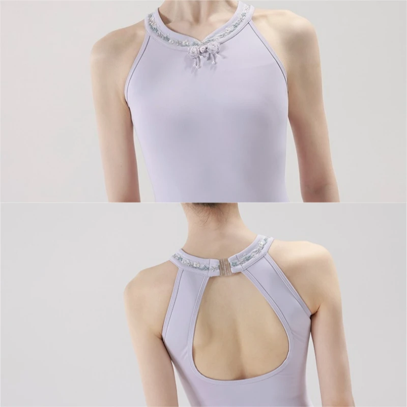 여성 발레 댄스 레오타드 자수 목 체조 바디 슈트 성인 민소매 백 레스 댄스웨어 여성 요가 훈련 의상