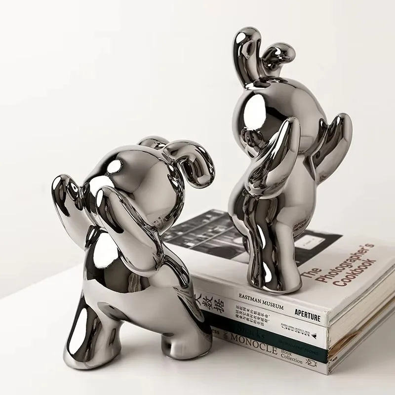 Pair Curved Ear Bunny Bookend Figurines Full Reflective Gloss Surface Study Book Shelf Partition Desktop Storage Decor Craft