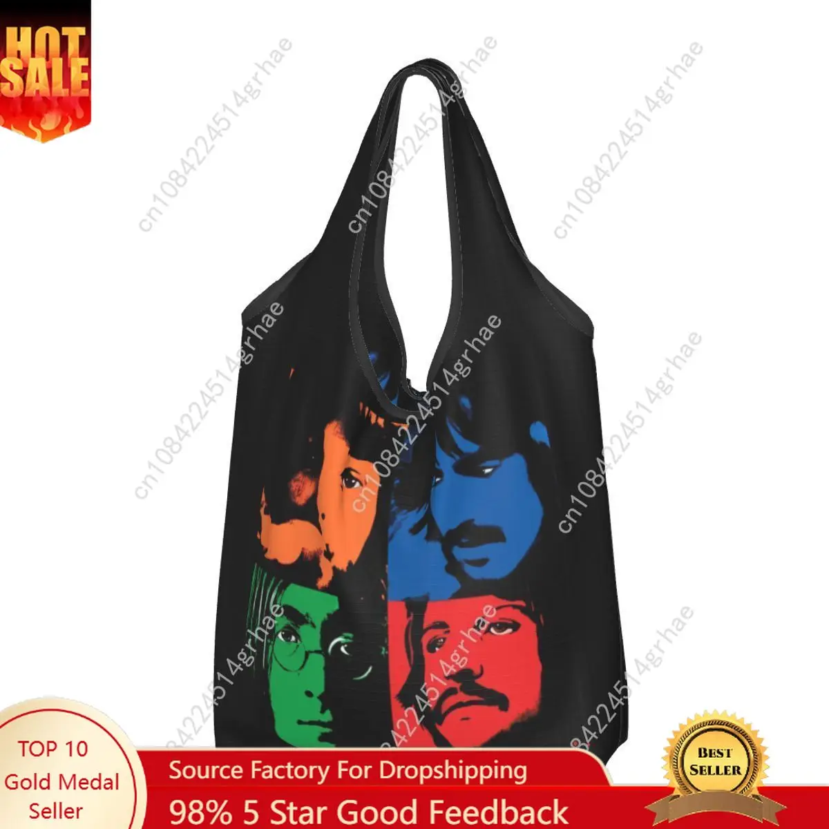 

The Beatle Portraits Reusable Shopping Grocery Bags Foldable 50LB Weight Capacity Heavy Duty Tote Bag Eco-Friendly Washable