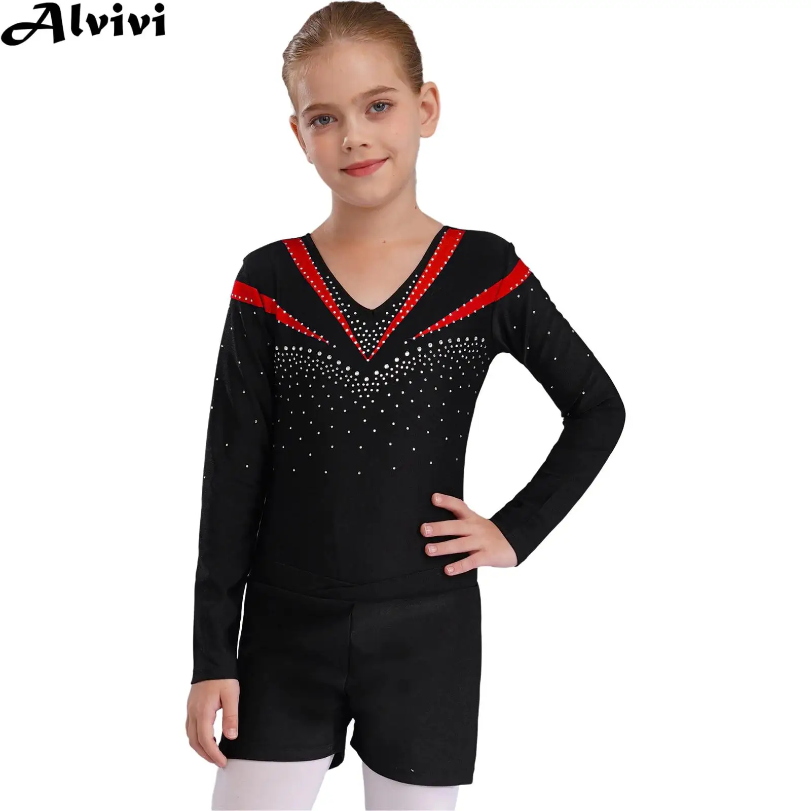 Kids Girls Figure Skating Performance Costume Ballet Dance Gymnastics Yoga Leotard Long Sleeve Rhinestone Bodysuit with Shorts