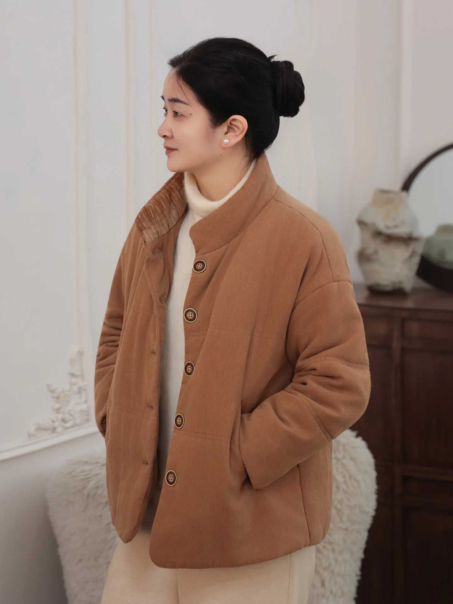 

Утепленная хлопковая куртка с воротником-стойкой для женщин, зимняя теплая верхняя одежда FSY5485, простой свободный крой, длинный рукав, застежка-молния