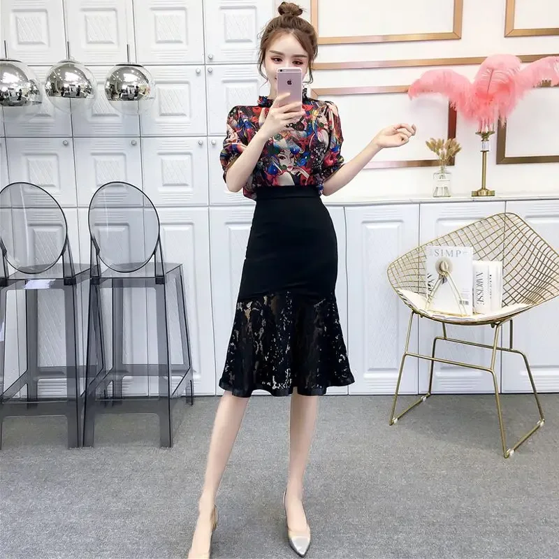 Short Sleeve Lace Sexy Ruffles Lightly Cooked Skirt 2 Pieces Sets for Women Mini Party Woman Outfit Full Matching Formal Event