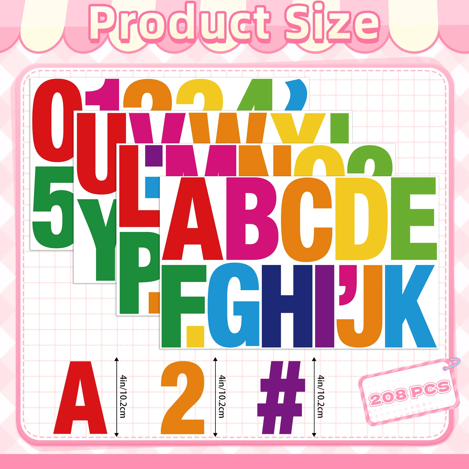 208Pcs 4 Inch Bulletin Board Alphabet & Number Stickers, 16 Sheets Waterproof Vinyl Self-Adhesive Letters for Classroom