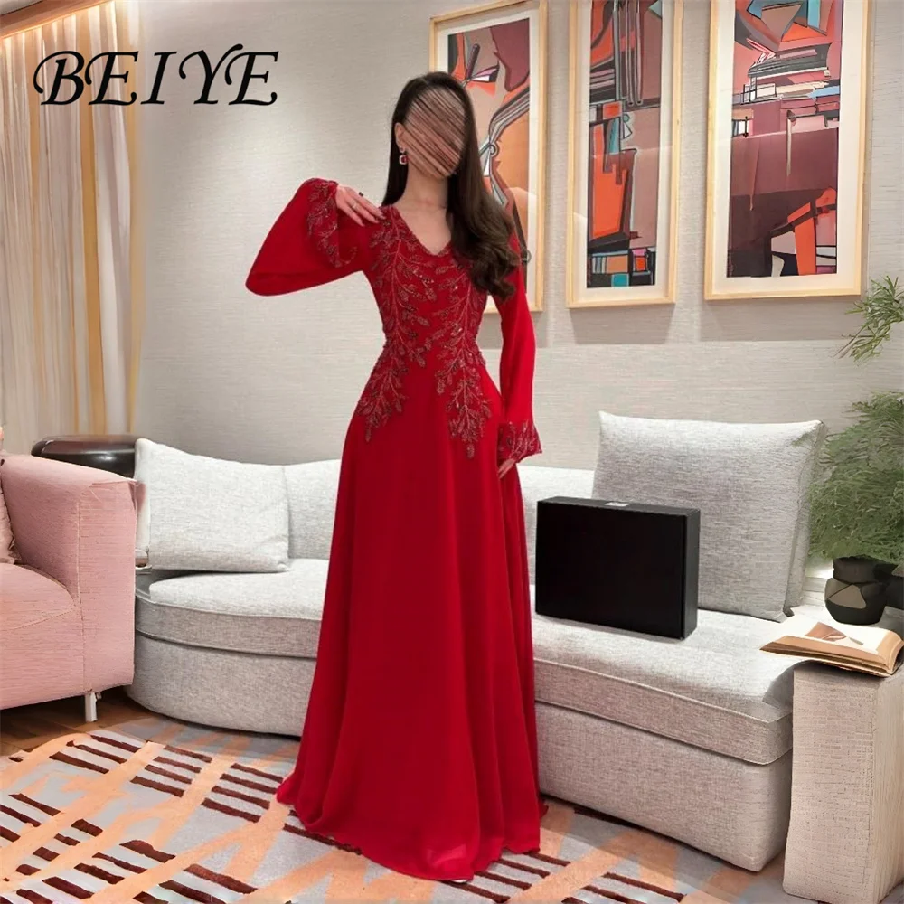 

BEIYE Vintage Lace Appliqued Long Sleeves A-Line Evening Dress Women 2026 V-Neck Prom Dress Floor Length Party Gowns Customized