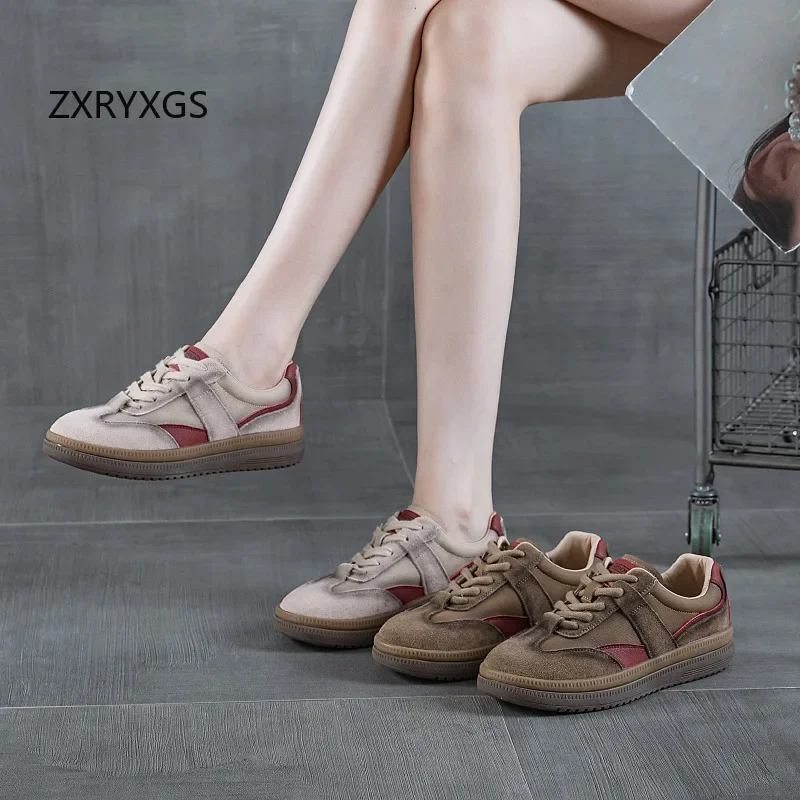 ZXRYXGS 2024 Premium Cow Sude Spell Color Splicing Women Genuine Leather Sneakers Flat Sole Comfortable Casual Sneakers Tide