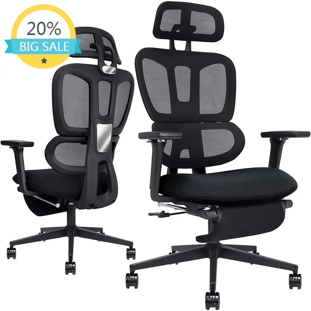 

Эргономичное офисное кресло с высокой спинкой, подставкой для ног, поясничной опорой, 2D-подлокотниками, сетчатым и поролоновым сиденьем для комфортной работы из дома