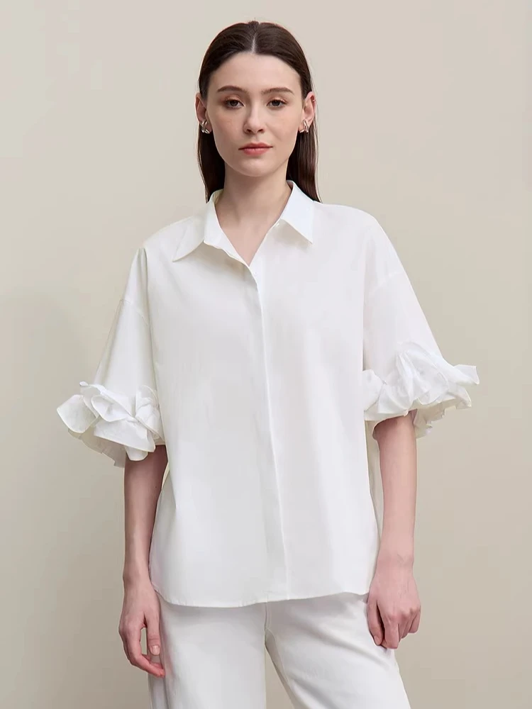 

Amii Cotton Women's Shirt 2026 Summer New Lapel Collar Drop Shoulder Blouse Solid Casual Loose Fit Office Top For Women 12622058