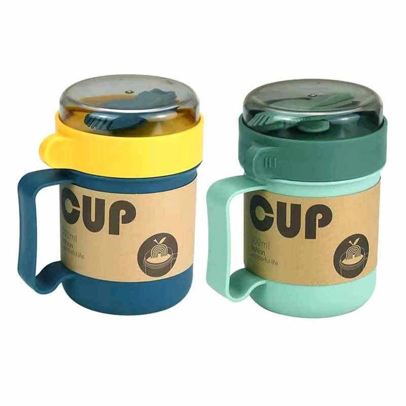 Portable Breakfast Cup Oatmeal Cup Cereal Nut Yogurt Mug Snack Cup Soup Mug Microwave With Lid Spoon For Kitchen Tool 500Ml