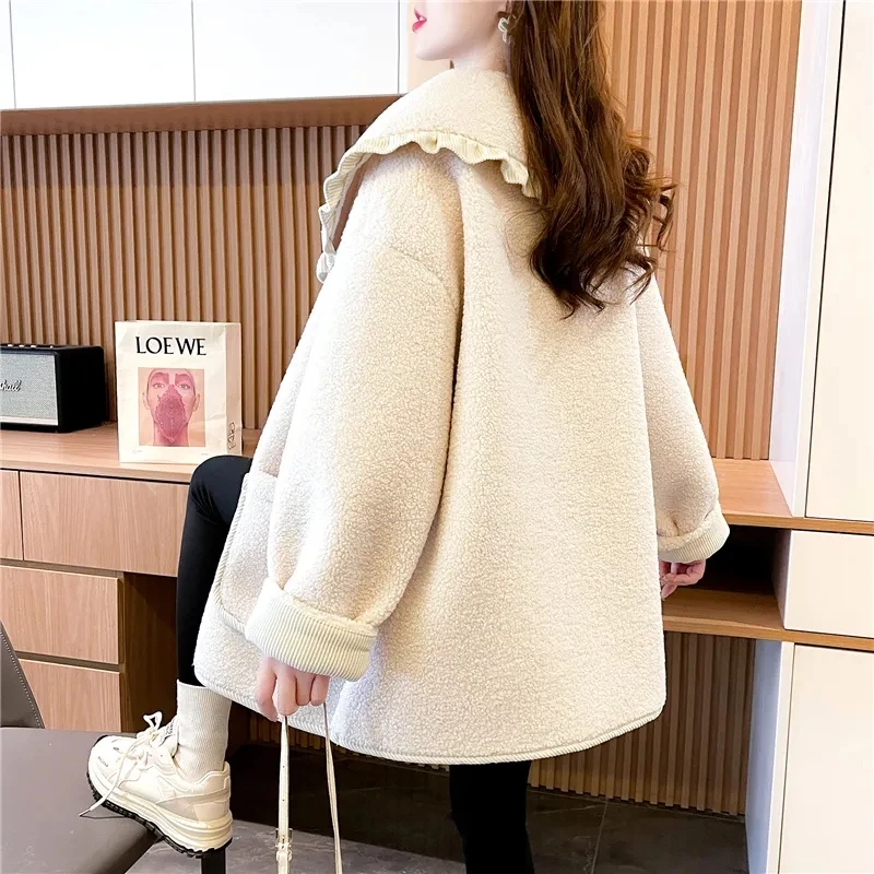 Fashion Padded Cashmere Lambswool jacket For Women's Autumn Winter New Doll Collar Sweatshirt Coat Female2023 Loose Cardigan Top