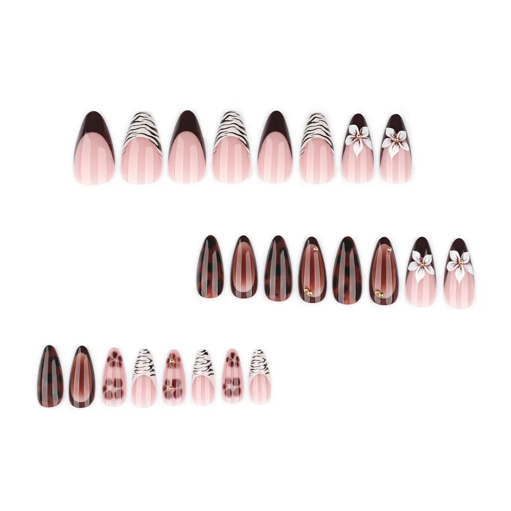 24pcs Brown French Tip Press on Nails Medium Almond Fake Nails with Flower & Gold Beads Design Reusable Full Cover Stick on Nail