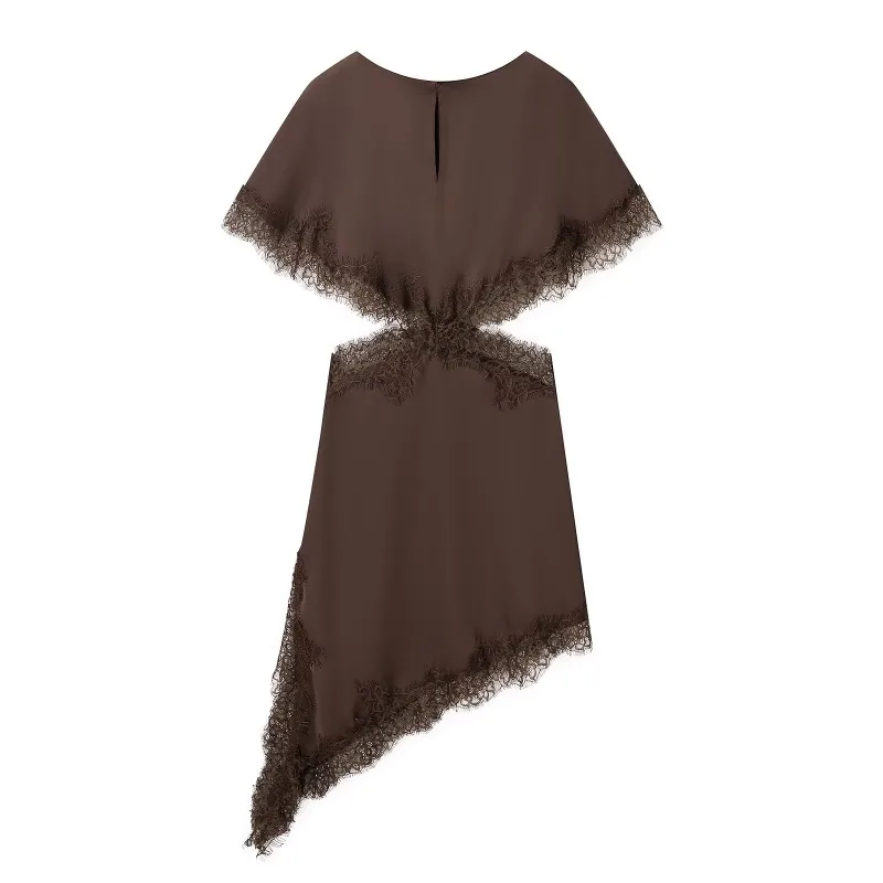 CharmChant femmes marron Satin asymétrique dentelle superposition découpe robe Cape manches luxe élégant fête modeste robes de soirée