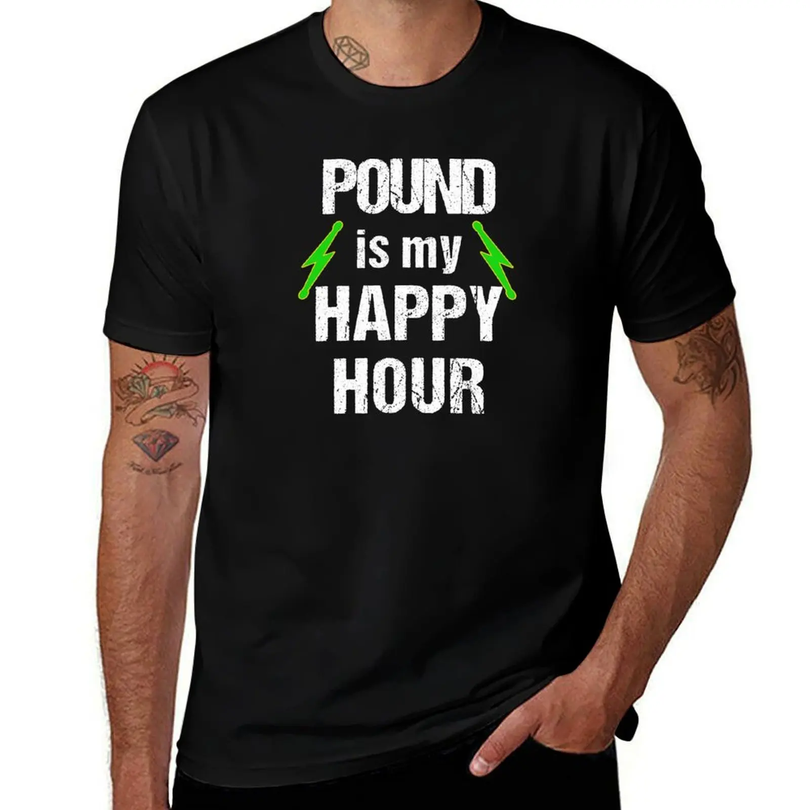 Pound Workout Pound Is My Happy Hour With Green Lightning Bolt Drum Sticks T-Shirt Outdoor Activity Sports T-Shirt
