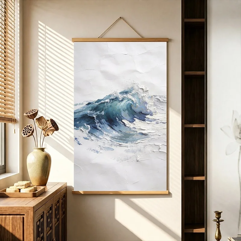 Wall Decorations Rolling Blue Waves in Soft Watercolor, Coastal Minimal Pearlescent Canvas Wall Hanging Scroll for Spa Lounge