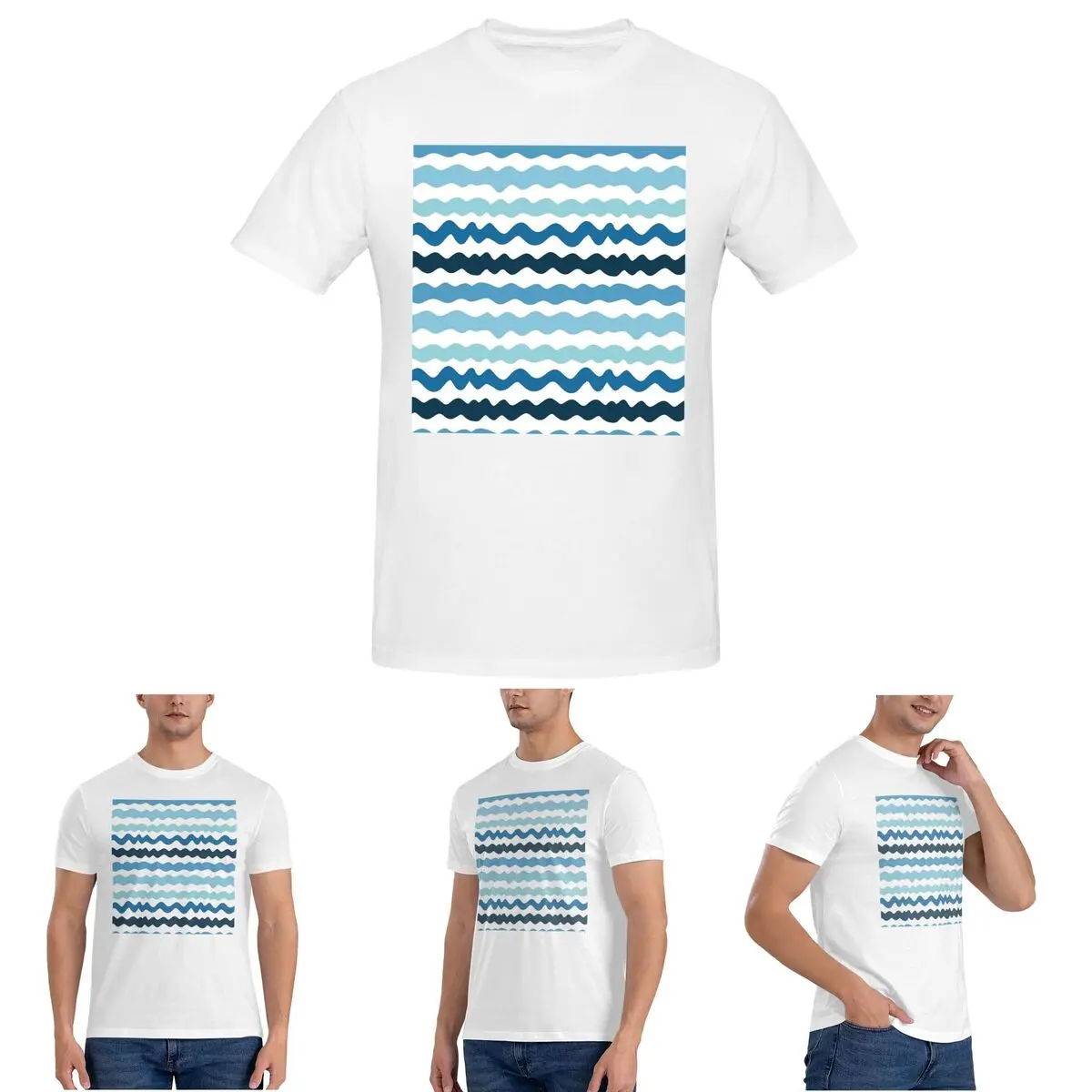 

Abstract Blue Wave Pattern Calm Ocean Inspired Design T-Shirt for Men T Shirts Men's Short Sleeve Crew Neck Summer Clothes Tops