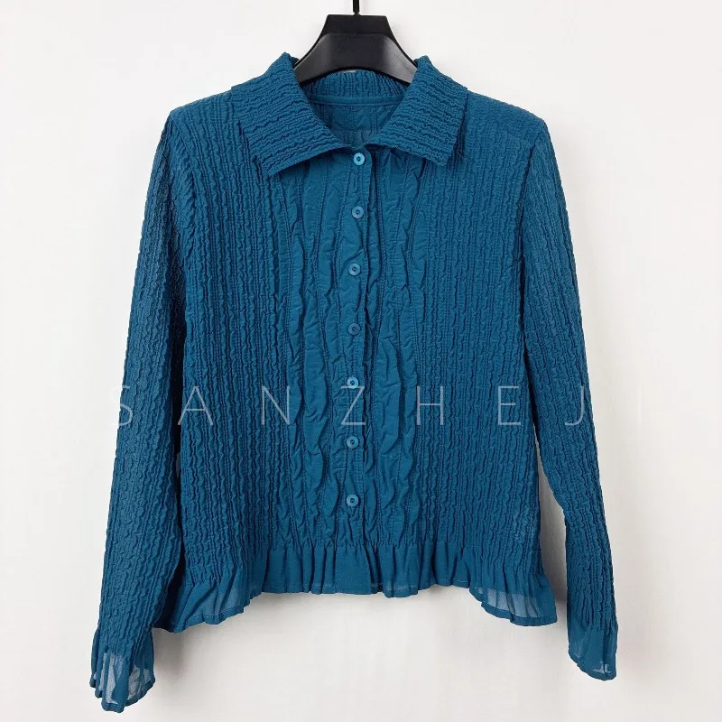  Pleated Shirt 2026 Autumn New Turn-down Collar Single-breasted Loose Fashion Long-sleeve Women's Lightweight Stretch Top