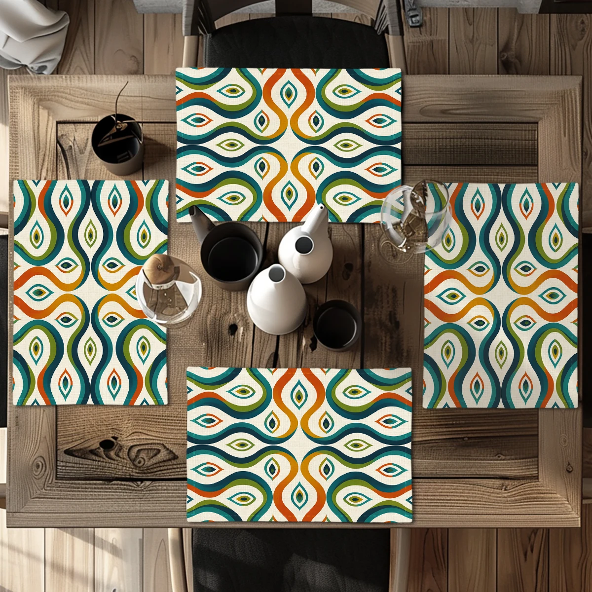 Vintage Geometric Pattern Polyester Placemats & Coasters - Stylish Table Linens for Home Dining, Restaurant and Daily Use