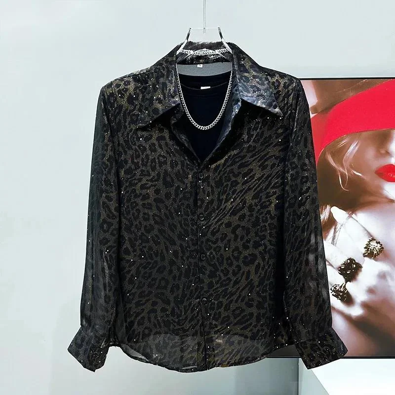 Summer Design Mesh Leopard Pattern Men's Shirt Loose Thin Long Sleeve 2025 Turn-down Collar Male Tops BSDR3