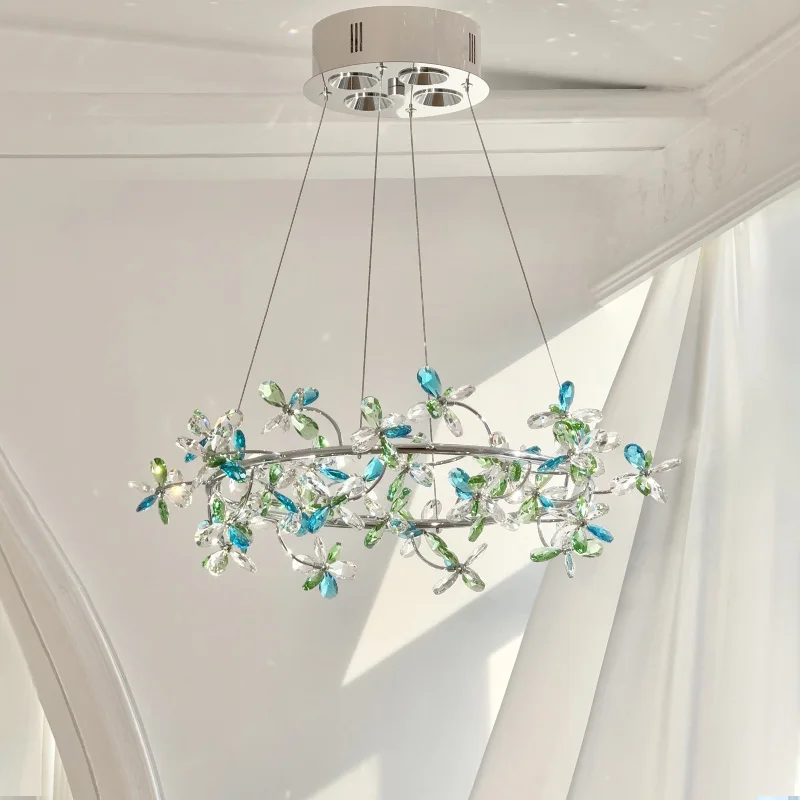 French Crystal Chandelier Round Hanging Living Room Pendant Lamp Green/pink Luxury Romantic Bedroom Led Ceiling Chandeliers