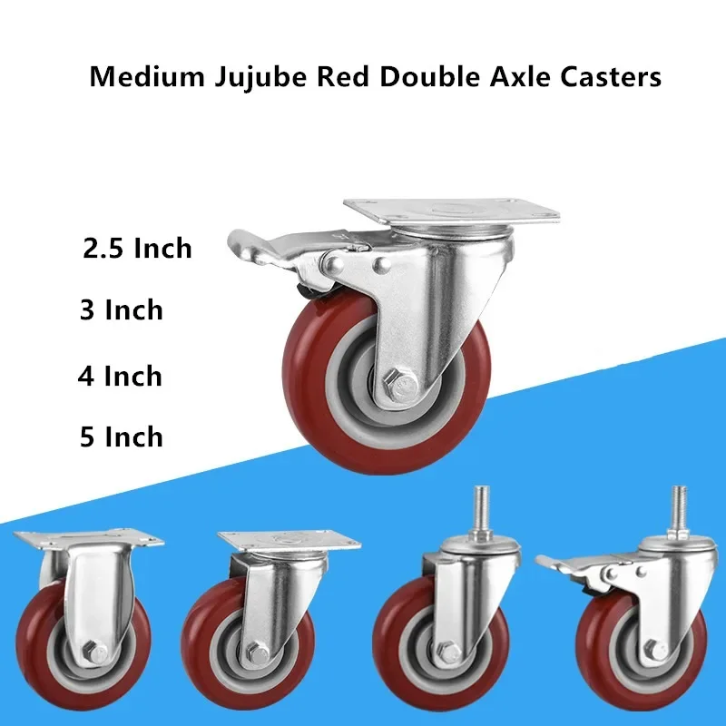 

4 Pcs/Lot 2.5/3/4/5 Inch Medium sized Jujube Red Casters Bearings 330KG Silent Flat Plate Manual Trailer Universal Wheels Brakes